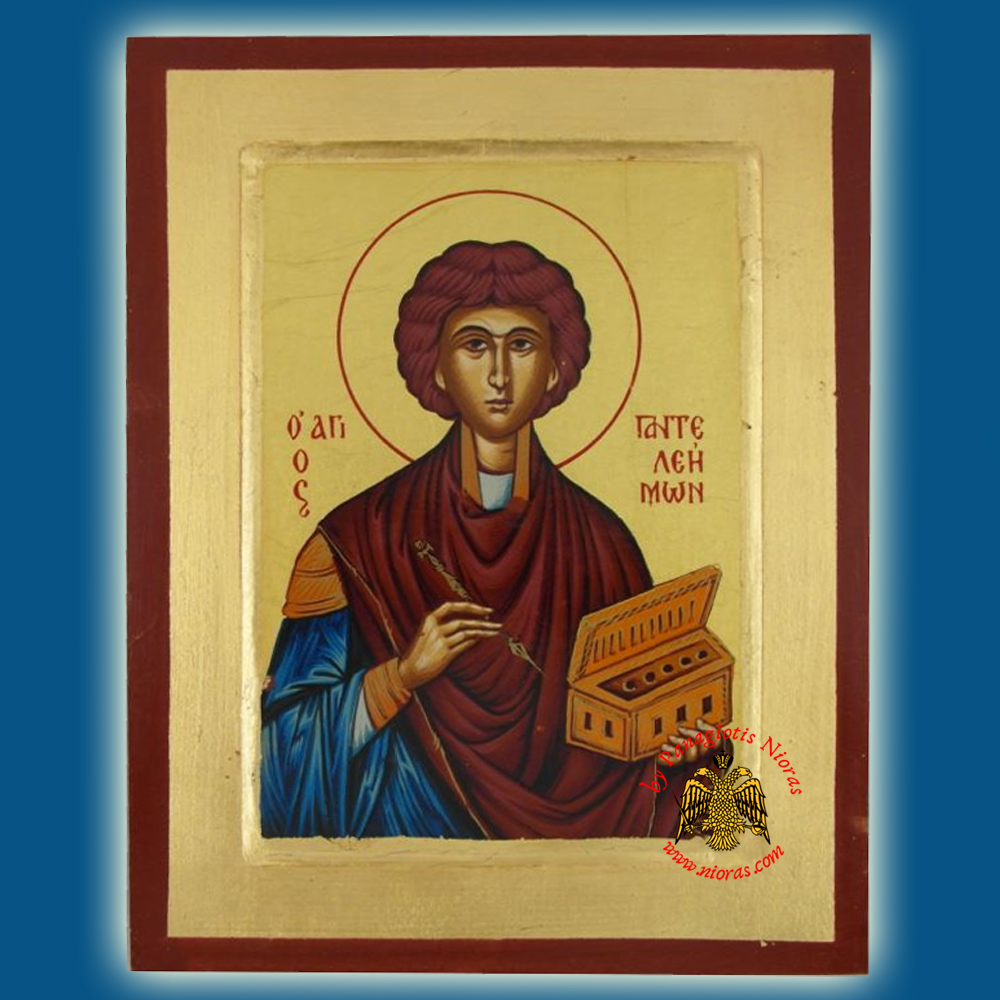 Saint Panteleimon Byzantine Wooden Icon on Canvas
